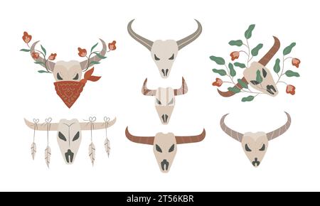 Teschi di bufalo bogemiano disegnati a mano con fogliame di fiori. Mucche del selvaggio West pianeggianti. Illustrazione Vettoriale