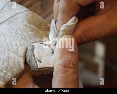 Napoli, Italia. 24 ottobre 2023. Un incisore del marchio italiano di gioielli Russo Cammei lavora su un pezzo di cameo al Palazzo dei Coralli vicino a Napoli, Italia, 24 ottobre 2023. PER ANDARE CON "Feature: Italian Jeweler Eyes maggiore presenza nel mercato cinese attraverso CIIE" credito: He Fei/Xinhua/Alamy Live News Foto Stock