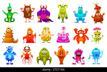 Cartoni animati divertenti personaggi mostri. Creature spaventose, mostri fantasy comici o simpatici alieni spaziali allegri personaggi vettoriali isolati o una collezione di mascotte con tentacoli, corna, ali e corpi cimosi Illustrazione Vettoriale