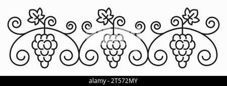 Grappoli di uva caratterizzano il decoro, incorniciano l'ornamento con foglie e un'icona a forma di vortici. Vettoriale di grappoli di vite disegnati a mano bordo, stencil di vite Illustrazione Vettoriale