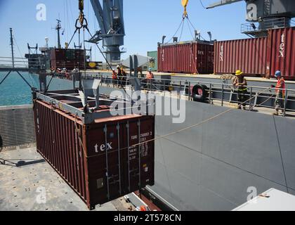 I marinai della US Navy assegnati al Navy Cargo Handling Battalion One (NCHB-1) lavorano con i soldati dell'Army 332nd Headquarters and Headquarters Company per spostare il carico dalla nave gru Military Sealift Command S.jpg Foto Stock