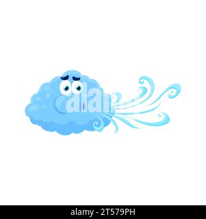 Personaggio del vento dei cartoni animati, vettoriale isolato blu chiaro stravagante nuvola che soffia aria vorticosa fluisce dalla bocca. Simpatico, energico e rispettoso dell'ambiente, è pronto per le previsioni del vento Illustrazione Vettoriale