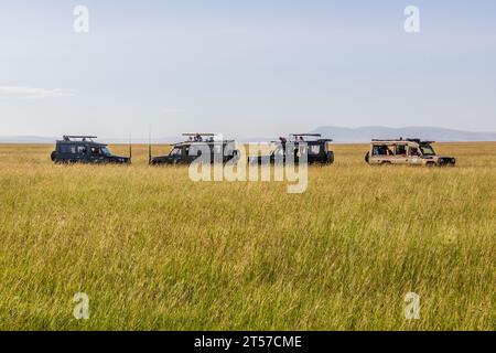 MASAI MARA, KENYA - 19 FEBBRAIO 2020: Safari Vehicles nella riserva nazionale di Masai Mara, Kenya Foto Stock