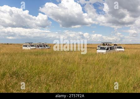 MASAI MARA, KENYA - 19 FEBBRAIO 2020: Safari Vehicles nella riserva nazionale di Masai Mara, Kenya Foto Stock