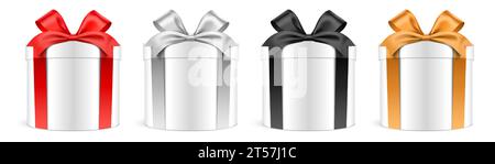 Set Giftbox cilindrico realistico, illustrazione vettoriale. Scatole regalo bianche dalla forma rotonda con nastri colorati, isolate sullo sfondo. Illustrazione Vettoriale