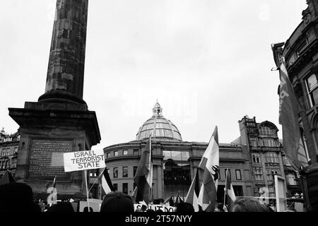 Le bandiere della folla e le insegne fatte a mano della Palestina recano "Israel Terrorist State" al Grey's Monument di Newcastle upon Tyne, Inghilterra, Regno Unito - ottobre 28 2023. Foto Stock