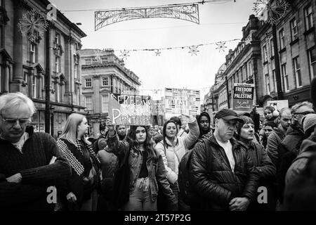 Le ragazze tengono cartelli in una grande folla di manifestanti che chiedono il cessate il fuoco a Gaza su Grey Street. Newcastle upon Tyne, Inghilterra, Regno Unito - ottobre 28 2023 Foto Stock