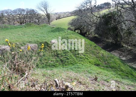 Ripidi pendii del castello di Kilkhampton, conosciuto anche come Castello di Penstowe, forte medievale di Motte e costruzione Bailey costruita su un knoll protetto da ripide s Foto Stock