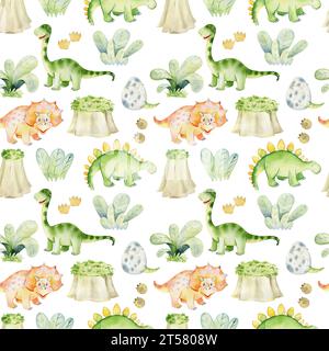 Motivo senza cuciture acquerello con graziosi dinosauri. Foto Stock