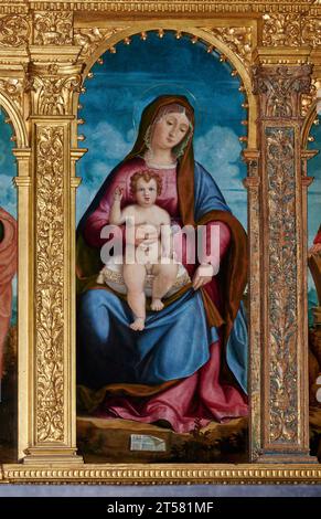Madonna col bambino, particolare dal Polittico con Madonna col bambino, Cristo risorto e Santi - olio su tavola - Andrea Previtali e Agostino Facheris Foto Stock