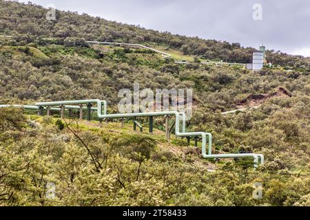 Oleodotti della centrale elettrica di Olkaria Geothermal nel Parco Nazionale di Hell's Gate, Kenya Foto Stock