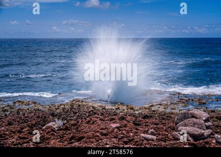 Blowhole sulla spiaggia di Grand Cayman, Isole Cayman Foto Stock