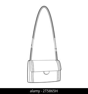 Borsa a tracolla con catena e silhouette baguette. Illustrazione tecnica degli accessori moda. Borsa a mano vettoriale frontale vista a 3-4° per uomo, donna, unisex, borsetta piatta con disegno CAD isolato Illustrazione Vettoriale