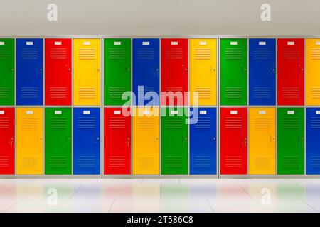 Una vivace immagine del corridoio della scuola, adornata da un'accattivante fila di armadietti colorati. Spazio educativo contemporaneo, dove conoscenza e ispirazione Foto Stock