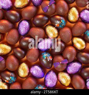 Raccolta di latte e uova di Pasqua al cioccolato fondente. Ogni uovo è decorato in modo unico, con alcuni avvolti in oro lucido e lamina viola - una t perfetta Foto Stock