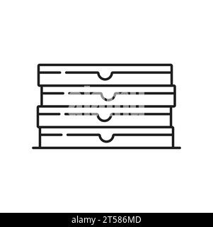 Icona del contorno isolato impilata per le scatole per pizza. Pacco di cartone vettoriale, contenitori per la consegna di alimenti, set di scatole quadrate per pizzeria Illustrazione Vettoriale