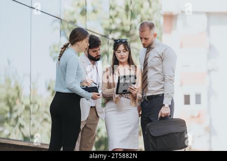 I professionisti aziendali di successo si incontrano in città per discutere di tendenze, strategie e redditività del mercato. Collaborazione e analisi dei dati. Foto Stock