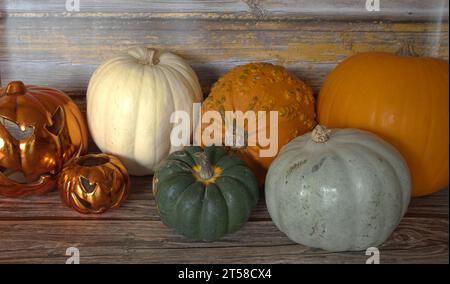 selezione di diverse zucche, zucca fantasma, oran d gnarly Foto Stock