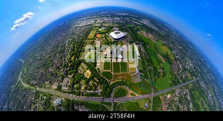 Vista aerea, stadio della Bundesliga Schalke 04, Berger Feld con la Veltins Arena, autostrada A2, globo, fisheye shot, scatto a 360 gradi, Erle, Gelsenkirchen, Foto Stock