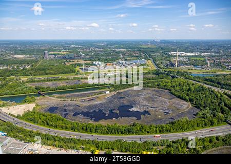 Vista aerea, porto di Bottrop, deposito di carbone sul canale Reno-Herne, Sturmhof, impianto di depurazione di Bottrop, confini della città di Bottrop, Vogelheim, Essen, R. Foto Stock