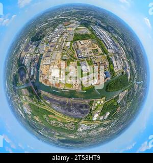 Vista aerea, Essen am Stadthafen, porto centrale di stoccaggio del carbone Bottrop, globo terrestre, immagine fisheye, immagine a 360 gradi, Bergeborbeck, Essen, zona della Ruhr, N Foto Stock