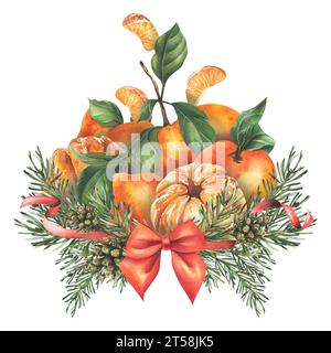 Un mazzo di mandarini con foglie con un'insegna di rami di pino con un fiocco rosso, nastri. Illustrazione acquerello, disegnata a mano. Composizione su a. Foto Stock