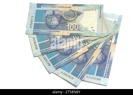 Moneta sudafricana 100 banconote da rand. Foto Stock