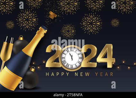 Felice anno nuovo 2024 bottiglia di champagne oro aperta. biglietto d'auguri o elegante invito alla festa di natale. disegno di illustrazione vettoriale Illustrazione Vettoriale