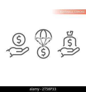 Set di icone relative all'aiuto finanziario e al vettore di aiuto. Parachute Money Delivery, offrendo icone di linea per donazioni o sponsorizzazioni. Illustrazione Vettoriale