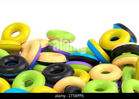Pila di anelli gonfiabili per piscina isolata su sfondo bianco. rappresentazione 3d del concetto e delle vacanze estive Foto Stock