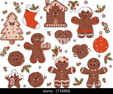 Personaggi dei cartoni animati retrò natalizi Gingerbread. Gingerbread uomo e ragazza, casa, albero di Natale, calzino, palla e biscotti. Raffreddare gli elementi vettoriali isolati in t Illustrazione Vettoriale