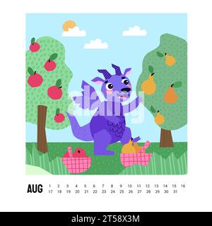 Raccolta di draghi in un frutteto. Agosto. Ora legale. Mela e frutteto di pera. Mele e pere mature nel frutteto, pronte per la raccolta. Buon cinese Illustrazione Vettoriale