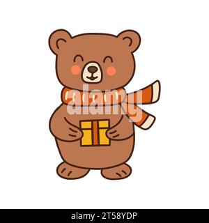 Grazioso orso con sciarpa rossa che regge il regalo nella scatola. Illustrazione vettoriale colorata e isolata disegnata a mano. Atmosfera natalizia. Animale selvatico della foresta. Capodanno o Chr Illustrazione Vettoriale