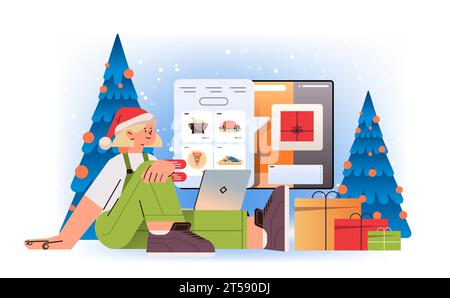donna a babbo natale che ordina e acquista cibo in un'app per computer sullo schermo di un laptop, shopping online concetto di festeggiamento felice per il nuovo anno Illustrazione Vettoriale
