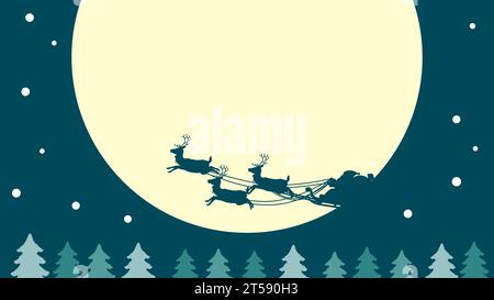 Silhouette di Babbo Natale in sella a una slitta di renne contro la luna piena. Materiale di sfondo natalizio. Illustrazione Vettoriale