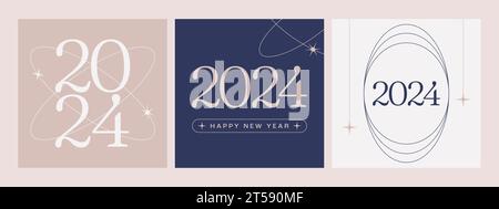 Estetica moderna 2024 modelli Happy New Year. Design minimalista per social media, poster e cartoline. Illustrazione vettoriale Illustrazione Vettoriale