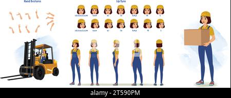 Handywoman, Builder Character Creation e Animation Pack, donna che indossa tute con attrezzi, attrezzatura, animazione bocca e sincronizzazione labbra Illustrazione Vettoriale