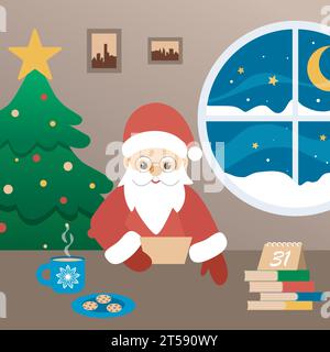 Babbo Natale legge la lettera di Capodanno. Grazioso personaggio invernale babbo natale nella sua residenza. Il nonno d'inverno concede ai bambini desideri, Natale e nuovo Illustrazione Vettoriale