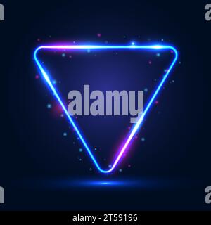 Cornice triangolare al neon con effetti luminosi e luci su sfondo blu scuro. Illustrazione Vettoriale