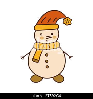 Simpatico pupazzo di neve con sciarpa e cappello rosso sulla testa. Icona Wnter Holiday. Illustrazione vettoriale isolata colorata, disegno a mano di un fermaglio Illustrazione Vettoriale