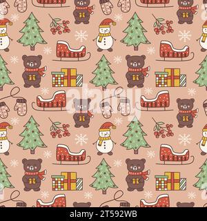 Modello senza cuciture con graziosi orsi e alberi di Natale, pupazzo di neve, confezioni regalo e slitta rossa, rowan rosso e fiocchi di neve su sfondo beige. Vettore colorato Illustrazione Vettoriale