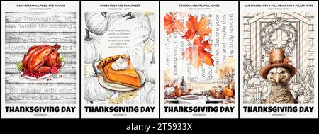 Poster del giorno del Ringraziamento. Tradizionale ringraziamento autunnale che dà modelli di cartelloni per festeggiare con tacchino e torta di zucca. Stampe natalizie per tutta la famiglia. Copertine eps vettoriali per disegni retrò Illustrazione Vettoriale