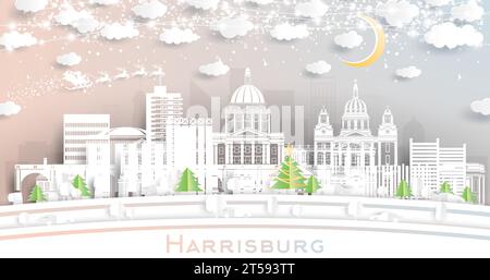 Harrisburg, Pennsylvania, USA. Skyline della città invernale in stile cartaceo con fiocchi di neve, luna e ghirlanda al neon. Natale, Capodanno. Illustrazione Vettoriale