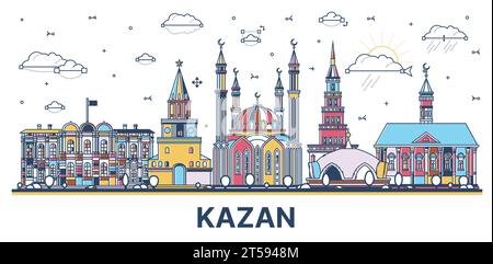 Delinea lo skyline della città di Kazan' Russia con edifici colorati moderni e storici isolati su bianco. Illustrazione vettoriale. Paesaggio urbano di Kazan con monumenti storici. Illustrazione Vettoriale