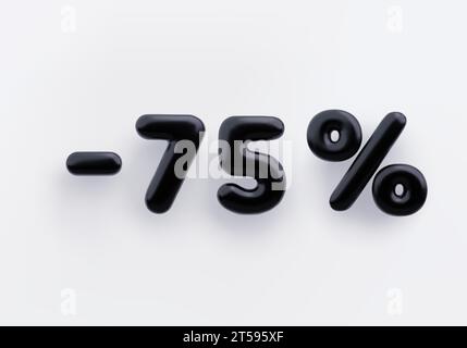 Segno di sconto 3D nero meno 75% su sfondo bianco. Illustrazione Vettoriale