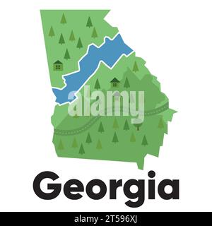 Forma della mappa della Georgia foresta verde degli Stati Uniti America stile cartoni animati disegnati a mano con gli alberi che viaggiano sul terreno Illustrazione Vettoriale