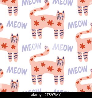 Gatti Folk Art alla moda modello retro senza cuciture Illustrazione Vettoriale