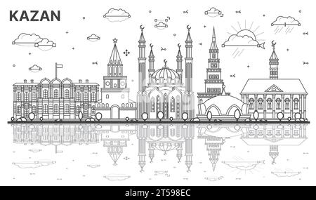 Delinea lo skyline di Kazan' Russia con edifici storici e riflessi isolati su bianco. Illustrazione vettoriale. Paesaggio urbano di Kazan con monumenti storici. Illustrazione Vettoriale