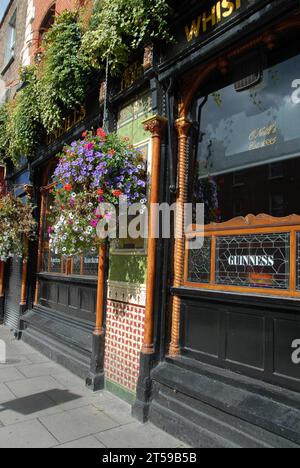 L'o'Neill's Vicorian Pub, fondato a Dublino nel 1885, è decorato con cestini appesi; vetrate colorate; Foto Stock