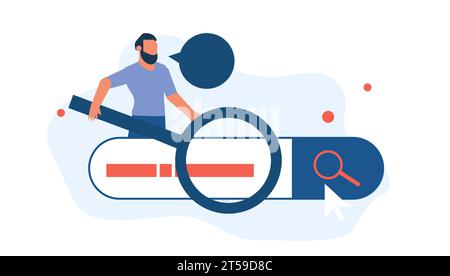 L'illustrazione vettoriale piatta mostra un uomo d'affari che utilizza una lente di ingrandimento per cercare il candidato migliore per unirsi al suo team in un moderno web design. Ma Illustrazione Vettoriale